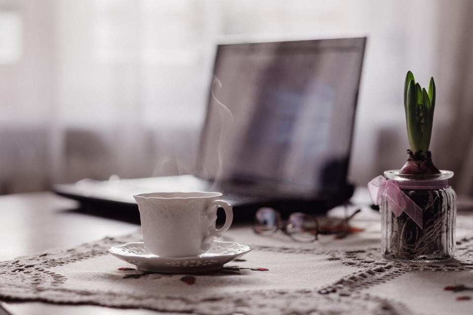 Notebook aberto numa mesa clara, com uma xícara de café e um vaso de planta