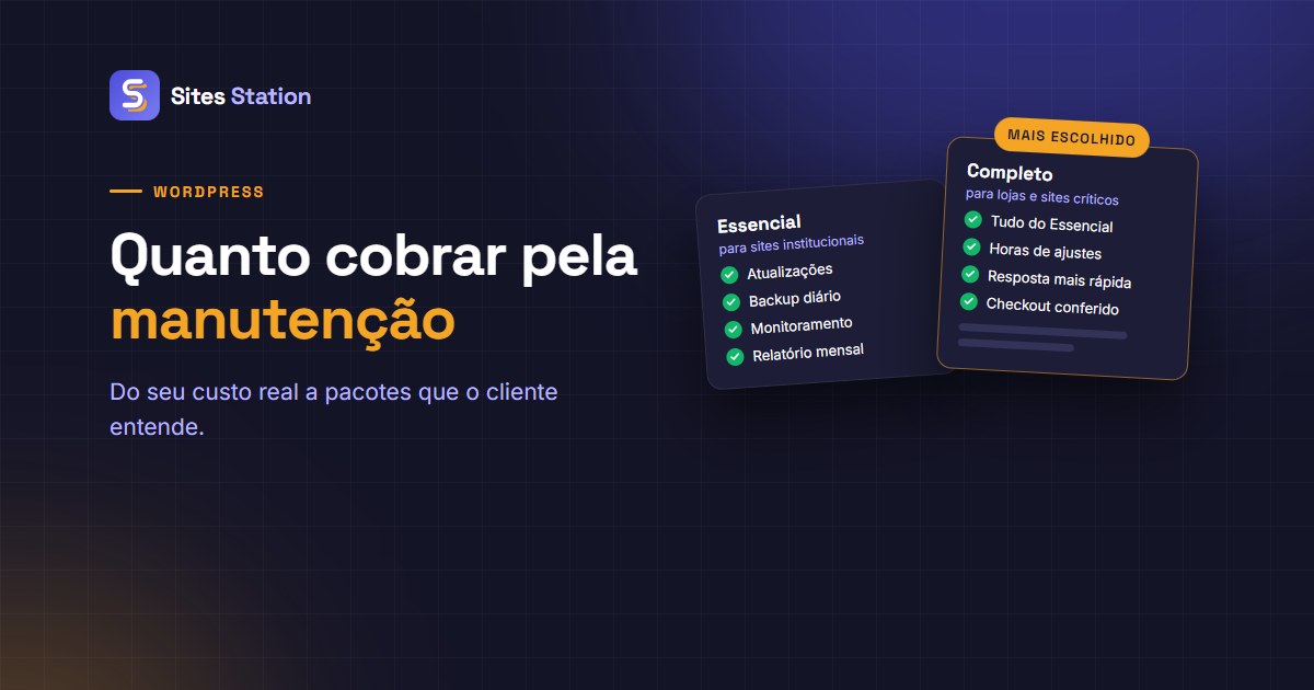 Arte com o título "Quanto cobrar pela manutenção" e dois pacotes lado a lado, Essencial e Completo, cada um com a lista do que inclui, e o selo "mais escolhido"