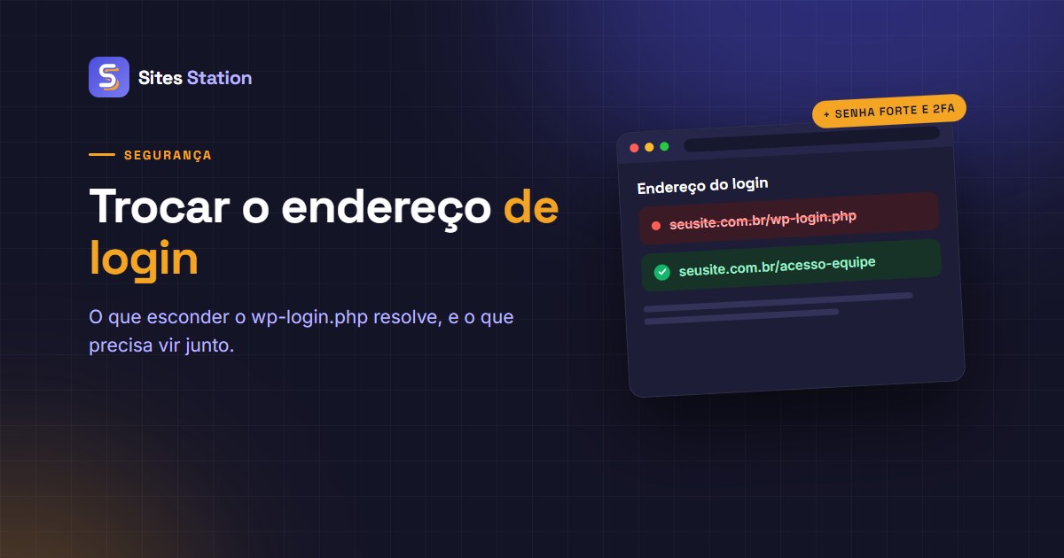 Arte com o título "Trocar o endereço de login", o endereço wp-login.php riscado, o endereço novo marcado como ativo e a etiqueta "+ senha forte e 2FA".